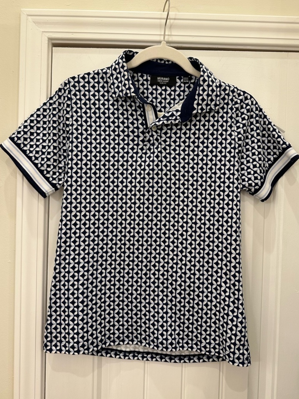 Murano Liquid Luxury Navy and White Geometric Slim Fit Collared Shirt Boys 14/16 - Picture 4 of 9